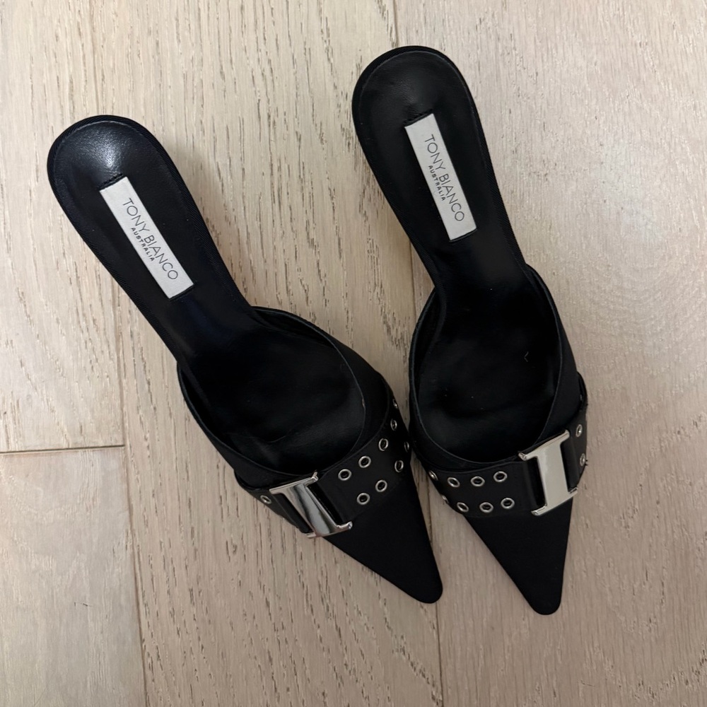 Tony Bianco Black Mules with Silver Accents